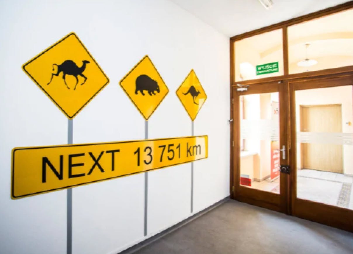 The entrance to Xfive's office in Krakow decorated with Australian-style road signs.